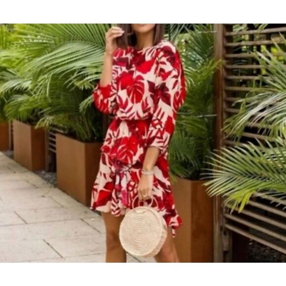 NWT Johanna Ortiz X H&M Flounced Leaf Printed Mini Dress Size XXS - Picture 1 of 6